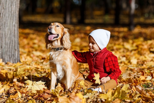 Cute, happy, white boy in red shirt smiling and playing with dog among yellow leaves. Little child having fun in autumn park. Concept of friendship between kids and pets, happy family