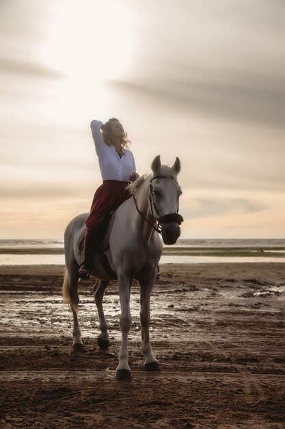 Cute happy young woman on horseback in summer beach by sea. Rider female drives her horse in nature on evening sunset light background. Concept of outdoor riding, sports and recreation. Copy space