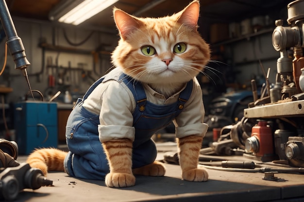 Cute hardworking cat works in his car repair shop