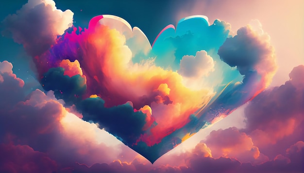 Cute heartshaped multicolored clouds in the background of Valentines Day scene