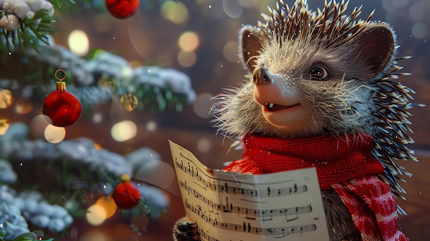 Photo a cute hedgehog dressed in a red scarf is singing from a sheet of music