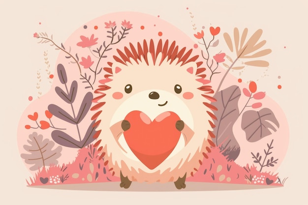 Photo cute hedgehog holding heart amidst floral valentine scene celebrating love on february 14 ai