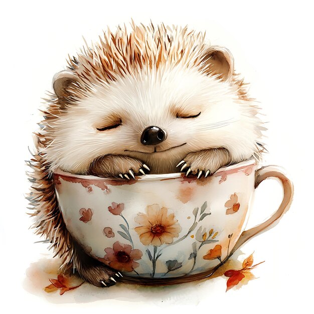 Cute Hedgehog Sleeping in a Floral Teacup