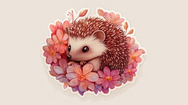 Photo a cute hedgehog surrounded by pink flowers