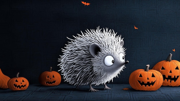 A cute hedgehog surrounded by pumpkins on a dark background