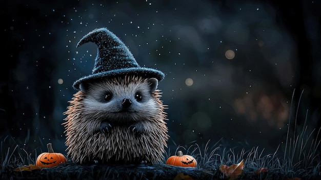 A cute hedgehog wearing a witch hat surrounded by pumpkins on a dark mystical night