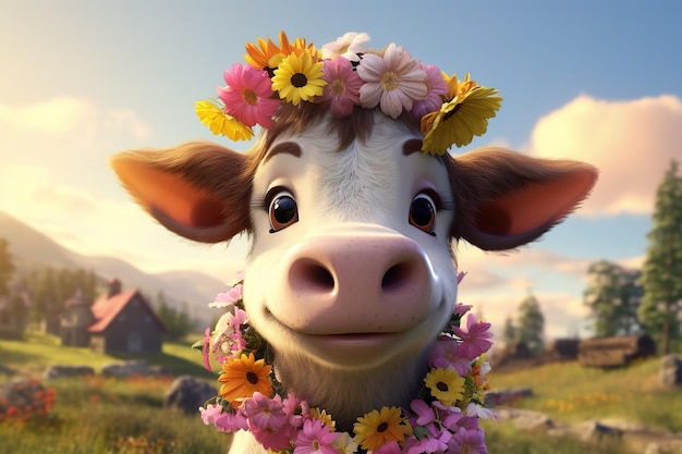 cute highland cow wearing flower crown