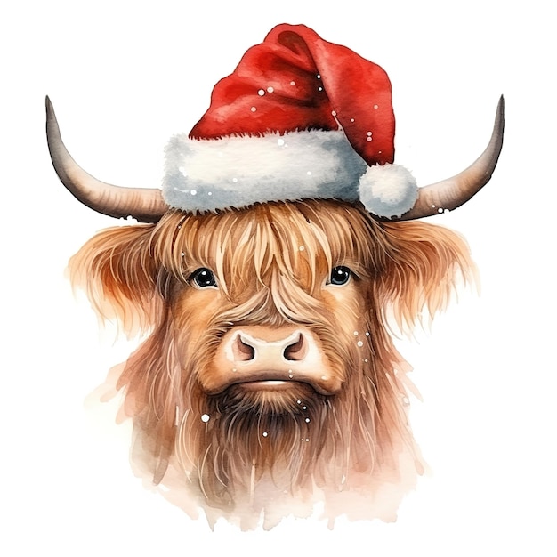 Cute highland cow with Christmas Santa Claus hat watercolor clipart isolated