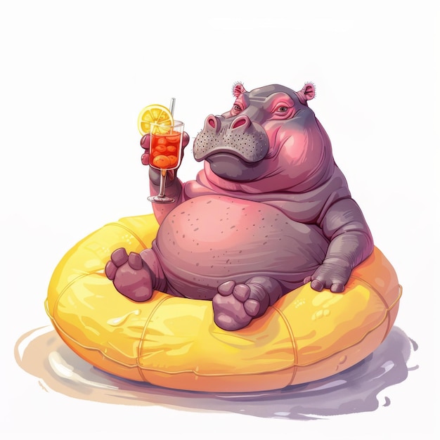 Photo cute hippo chill on swimming tires with juice cartoon