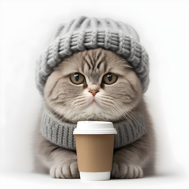 Cute hipster cat wearing a knit wool beanie holding cup of coffee illustartion