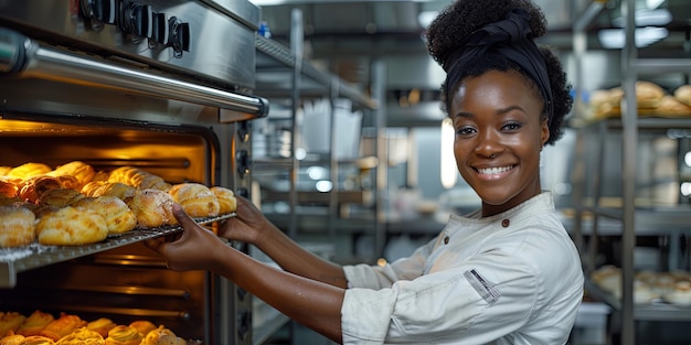 Cute Hispanic woman taking pastries out of the oven at a craft bakery