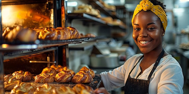 Cute Hispanic woman taking pastries out of the oven at a craft bakery