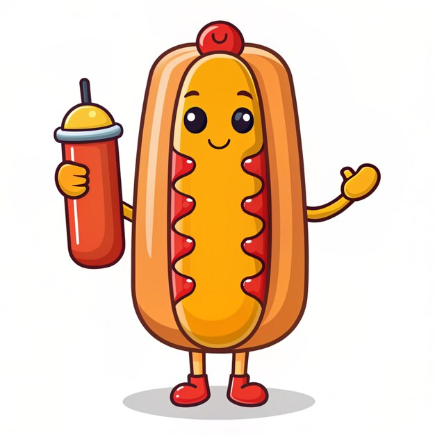 Photo cute hotdog holding mustard cartoon vector icon illustration food object icon concept isolated premium vector flat cartoon style