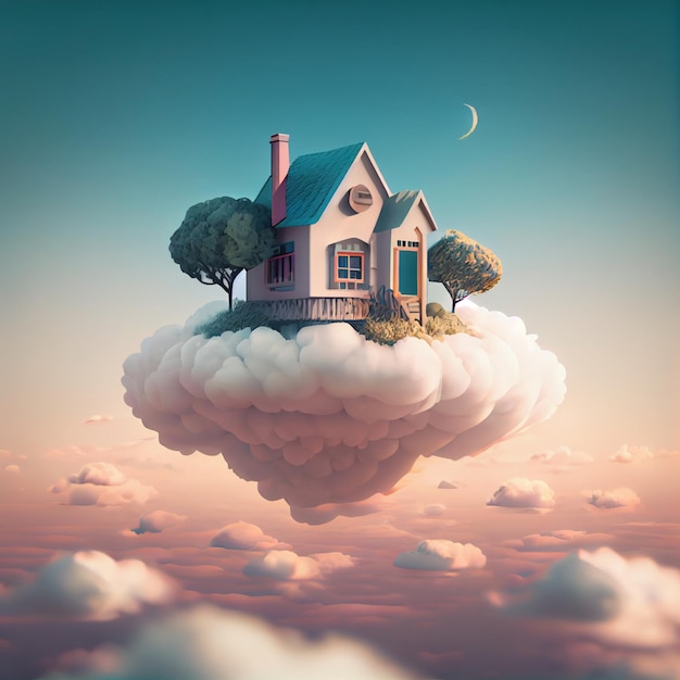 Cute house in the clouds dream home 3d render illustration