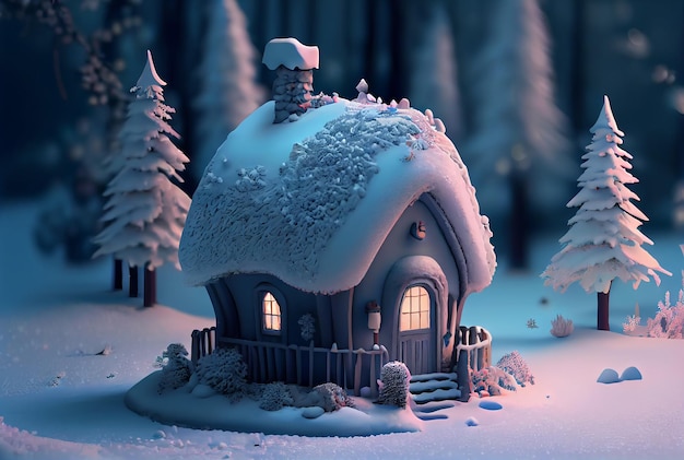 Cute House in the forest in winter moon light Wooden small house under the snow winter landscape digital illustration Generative AI