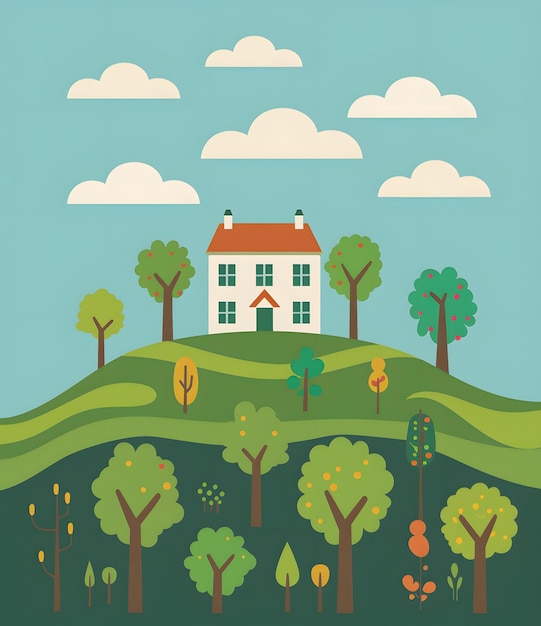 Photo cute house with green trees and blue sky illustration