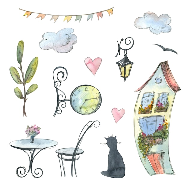 A cute house with a lantern a clock a cat clouds hearts a tree a table a chair a garland of flags Watercolor illustration A set from the PARIS collection For the decoration and design