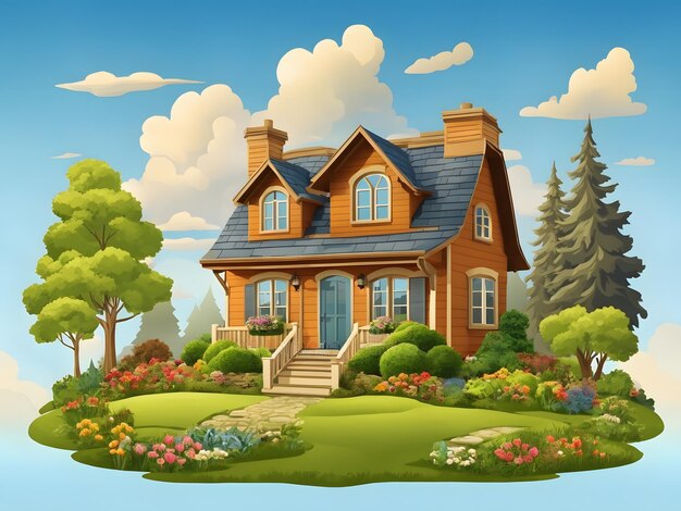 Cute house with wooden windows and doors on a lawn with trees