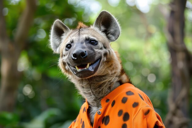 Cute Hyena Smiling in an Orange Shirt