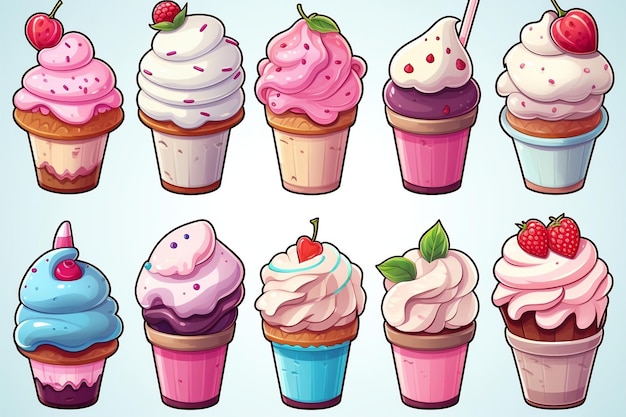 Cute Ice Cream Stickers Sweet Dessert Illustrations Generative AI