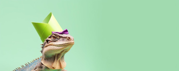 cute iguana in birthday hat on blue background with copy space