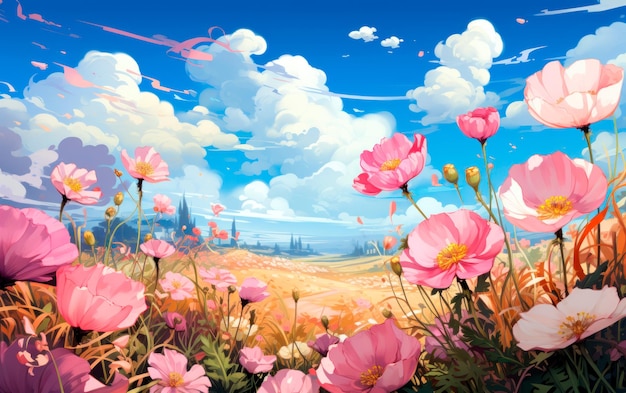 Cute illustration design of colorful field with flowers and cloudy blue sky Nice view