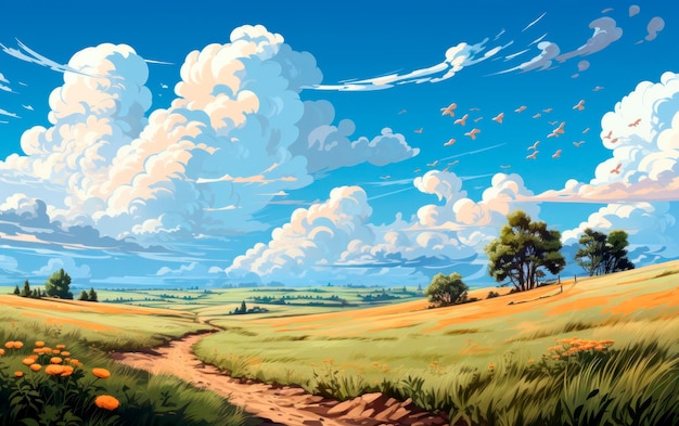 Cute illustration design of colorful field with flowers and cloudy blue sky Nice view