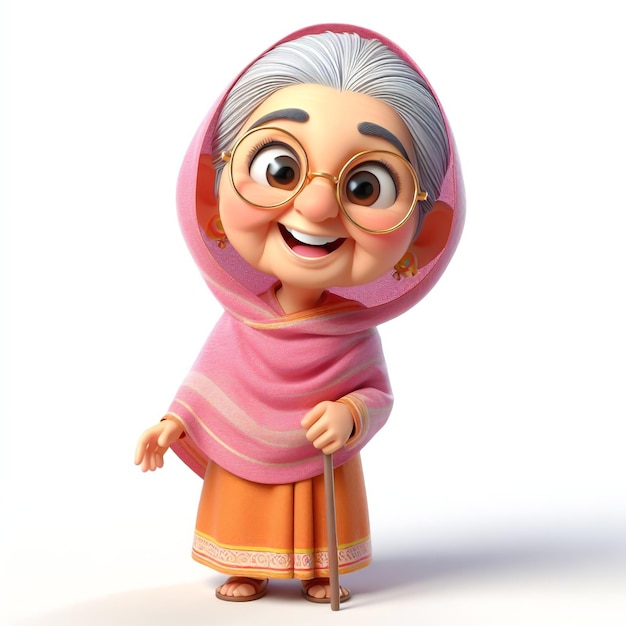 Cute illustration of elderly Indian woman on white background