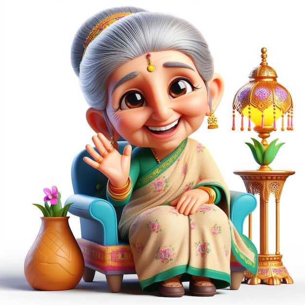 Cute illustration of elderly Indian woman on white background