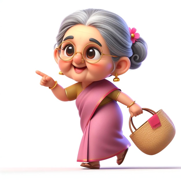 Cute illustration of elderly Indian woman on white background