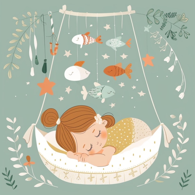 Photo cute illustration of a little baby girl sleeping in a cradle with fish hovering above her