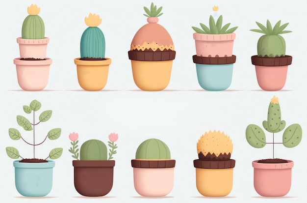 Cute illustration small plant in pots colorful color background