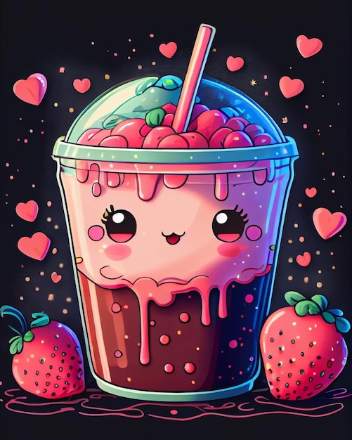 A cute illustration of a strawberry milkshake with a straw.