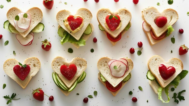 Photo a cute image of heartshaped sandwiches filled with a variety of ingredients