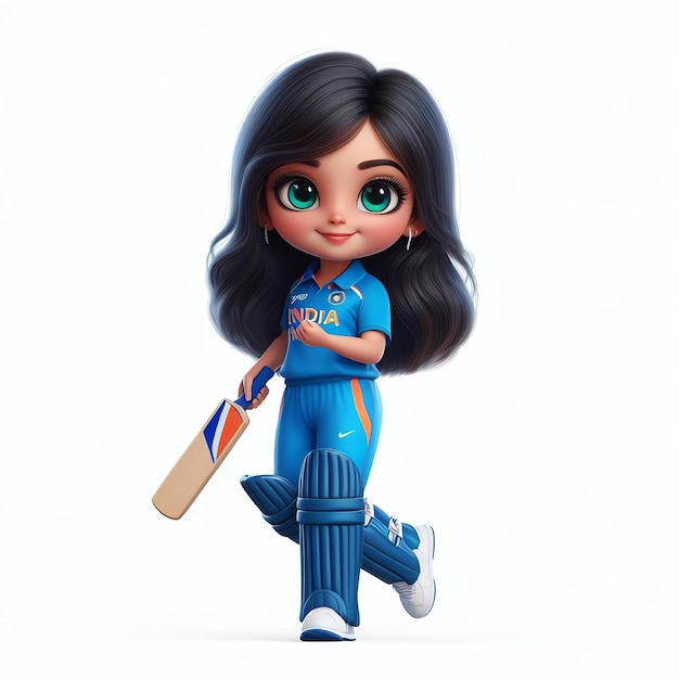 Cute Indian Chibi Girl Mascot in Cricket Jersey with Bat on White Background