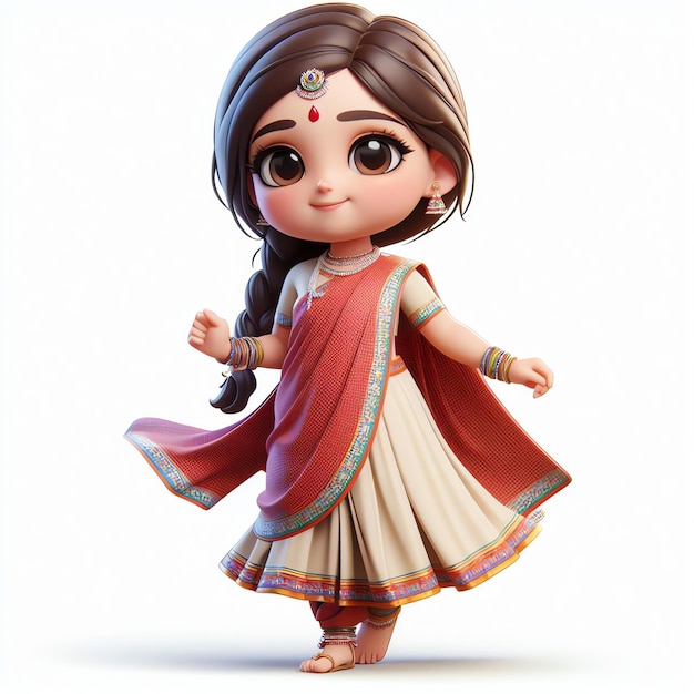 Cute Indian Chibi Girl Mascot in Traditional Salwar Dress on White Background