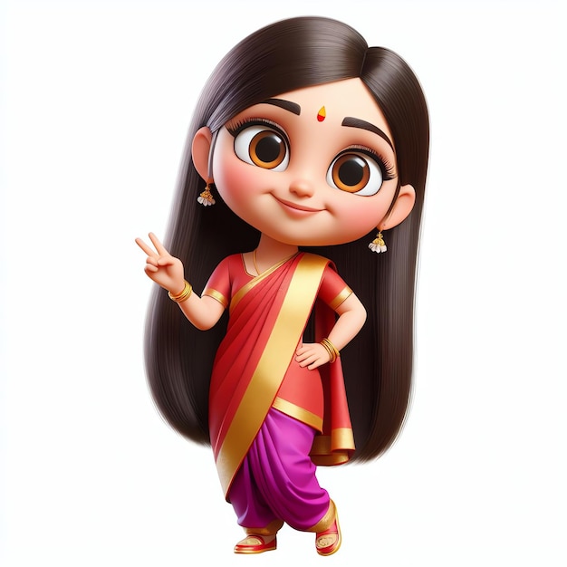 Cute Indian Chibi Girl Mascot in Traditional Saree on White Background