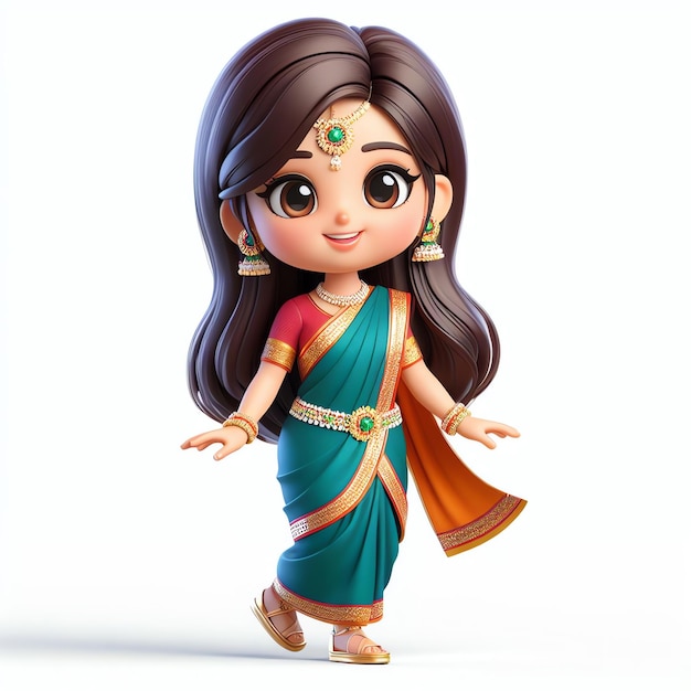 Cute Indian Chibi Girl Mascot in Traditional Saree on White Background