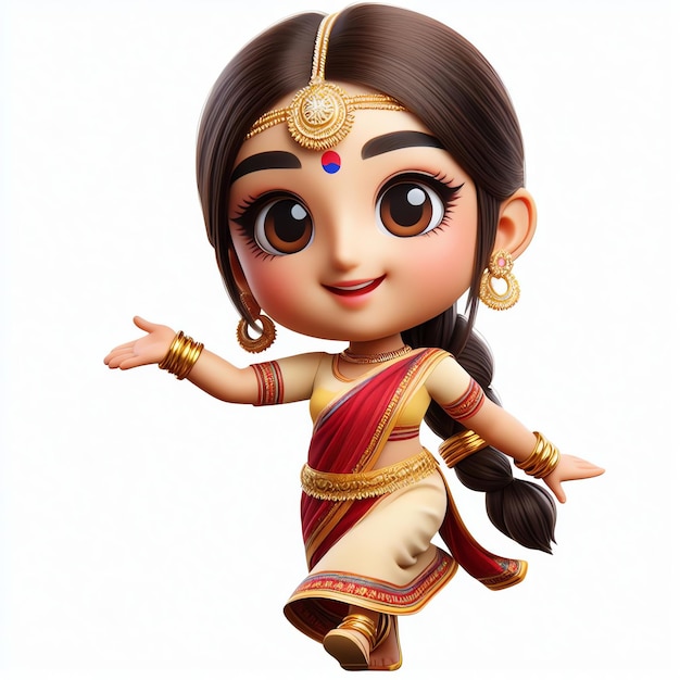 Cute Indian Chibi Girl Mascot in Traditional Saree on White Background