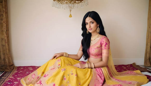 Photo cute indian girl in yellow saree pink saree on traditional background