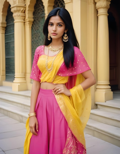 cute indian girl in yellow saree pink saree on traditional background