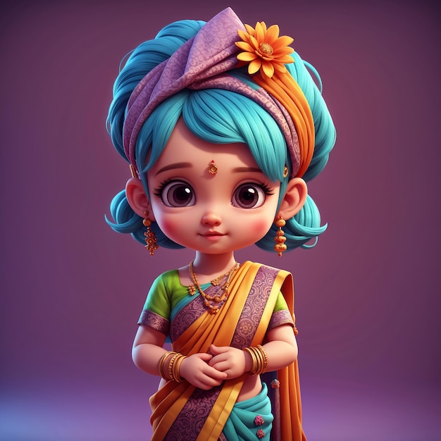 Cute Indian Little Girl With Turban And Sari 3D Rendering