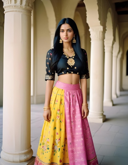 Photo cute indian woman in yellow pink black saree indian traditional dress