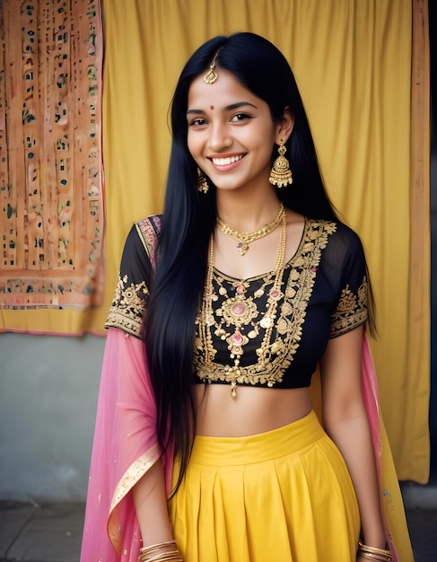 cute indian woman in yellow pink black saree indian traditional dress