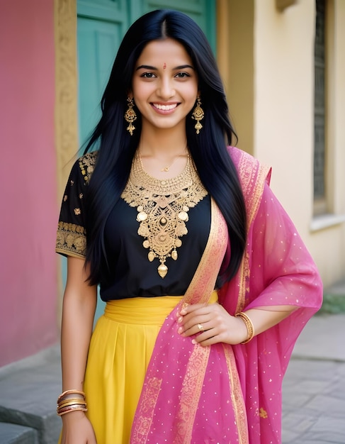 cute indian woman in yellow pink black saree indian traditional dress