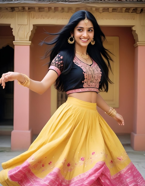 Photo cute indian woman in yellow pink black saree indian traditional dress