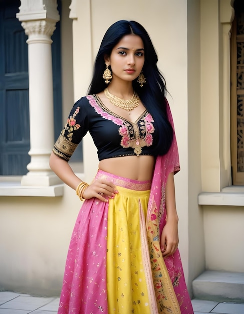 cute indian woman in yellow pink black saree indian traditional dress