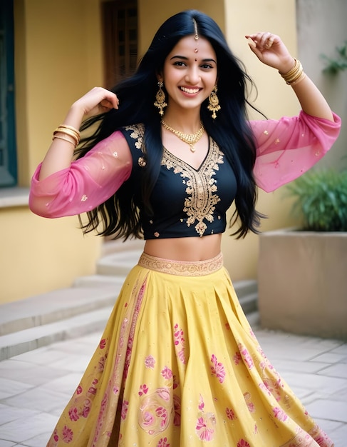 Photo cute indian woman in yellow pink black saree indian traditional dress