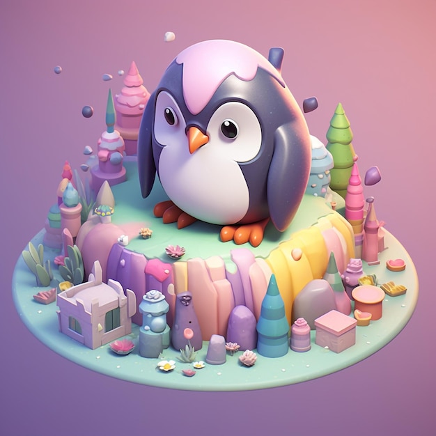 cute isometric penguin 3d art pastel colors soft lighting