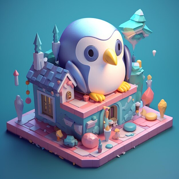 cute isometric penguin 3d art pastel colors soft lighting